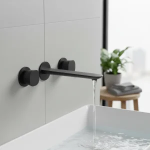 Ava Purity 3 Hole Wall Mounted Basin Mixer W/ Flanges - Brushed Black detail view - Image 2