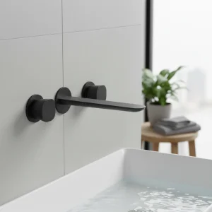 Ava Purity 3 Hole Wall Mounted Basin Mixer W/ Flanges - Brushed Black detail view - Image 3
