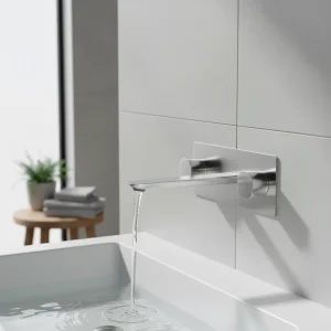 AVA Purity 3 Hole Wall Mounted Basin Mixer Tap With Back Plate Polished Stainless Steel detail view - Image 2