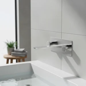 AVA Purity 3 Hole Wall Mounted Basin Mixer Tap With Back Plate Polished Stainless Steel detail view - Image 3
