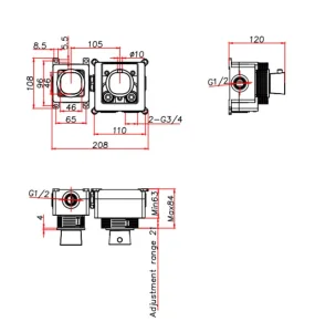 Ava Purity 2 Way 2 Handle Thermostatic Valve W/flanges - Polished Stainless Steel technical drawing - Image 2