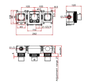 Ava Purity 3 Way 3 Handle Thermostatic Valve W/ Flanges - Polished Stainless Steel technical drawing - Image 3