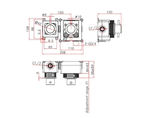 Ava Trend 2 Way 2 Handle Thermostatic Valve W/flanges - Brushed Stainless Steel technical drawing - Image 4