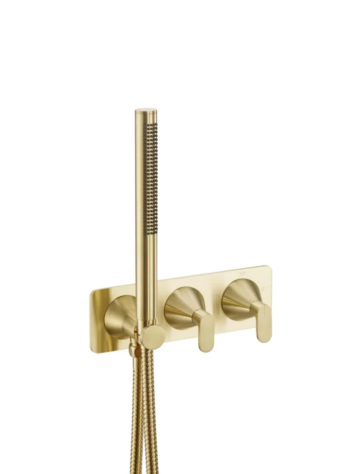 Just Taps Kono Thermostatic Concealed 2 Outlet Shower Valve With Attached Handset (both Handles Included) Brushed Brass product image - Image 1