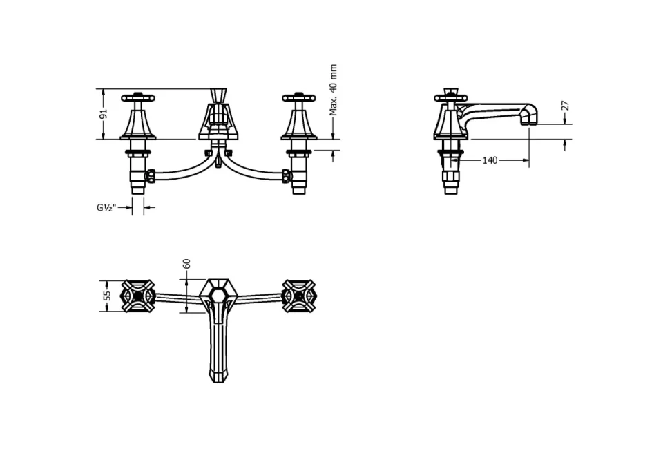 Crosswater Waldorf 3 Hole Deck Mounted Basin Mixer Tap Set with Chrome Crosshead Handles (New Collars) Chrome technical drawing - Image 2