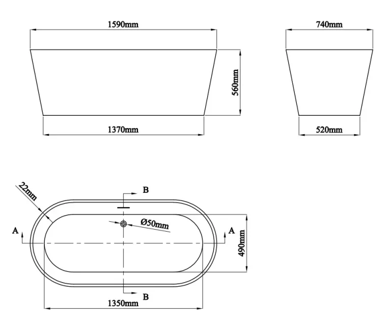 Eastbrook Lambeth Freestanding Bath 1590x740x560mm Inc Waste White technical drawing - Image 2