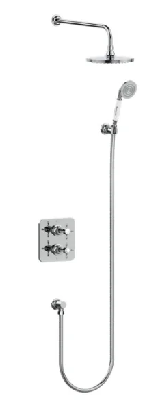 Burlington Guild Square Thermostatic Two Outlet Concealed Divertor Shower Valve Fixed Shower Arm & Head, Holder & Handset With Hose And Outlet Elbow Brushed Nickel