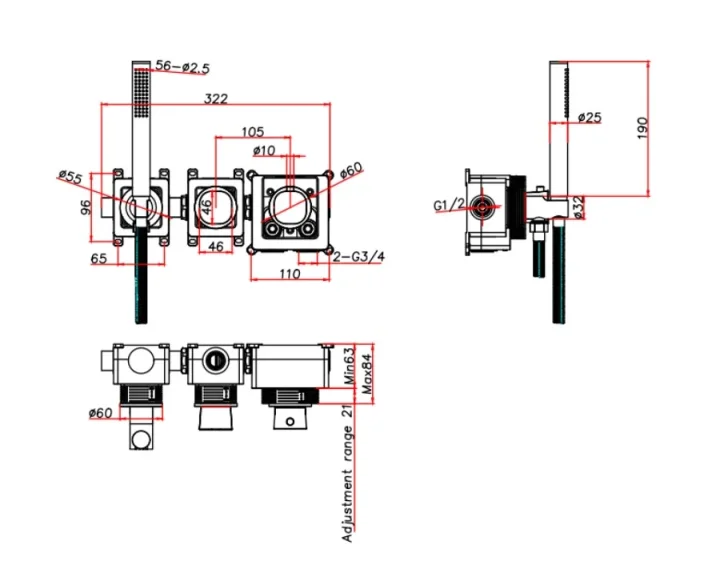 Ava Purity 2 Way 2 Handle Thermostatic Valve With Built In Hand Shower W/3 Hole Flanges 3.0 - Brushed Stainless Steel technical drawing - Image 2
