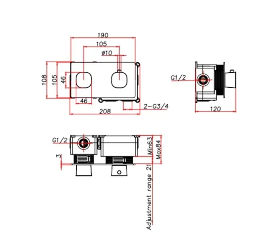 Ava Purity 2 Way 2 Handle Thermostatic Valve W/ Backplate 3.0 - Brushed Stainless Steel technical drawing - Image 3