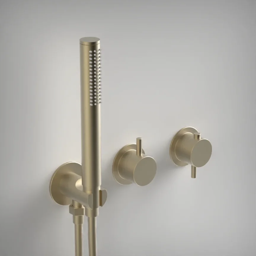 Ava Trend 2 Way 2 Handle Thermostatic Valve With Built In Hand Shower W/3 Hole Flanges 3.0 - Brushed Brass product image - Image 1