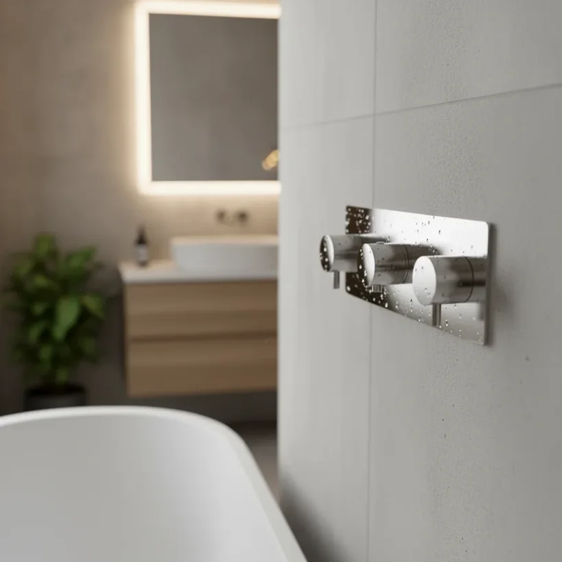 Ava Trend 4 Way 3 Handle Thermostat Valve W/backplate 3.0 - Polished Stainless Steel detail view - Image 4
