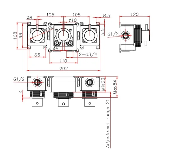 Ava Trend 4 Way 3 Handle Thermostat Valve W/flange 3.0 - Brushed Brass technical drawing - Image 3