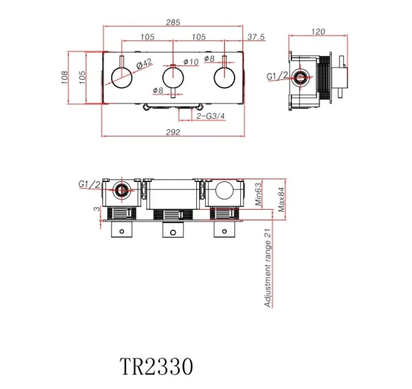 Ava Trend 4 Way 3 Handle Thermostat Valve W/backplate 3.0 - Brushed Brass technical drawing - Image 2