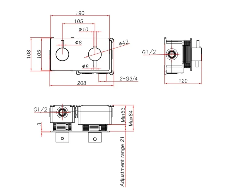 Ava Trend 2 Way 2 Handle Thermostatic Valve W/ Backplate 3.0 - Brushed Stainless Steel technical drawing - Image 2