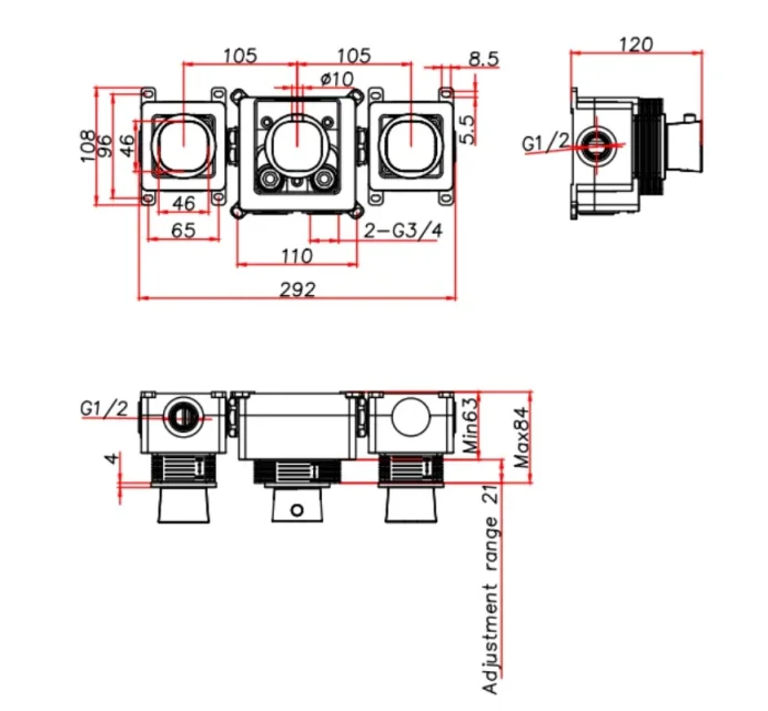 Ava Purity 3 Way 3 Handle Thermostatic Valve W/ Flanges 3.0 - Brushed Brass technical drawing - Image 3