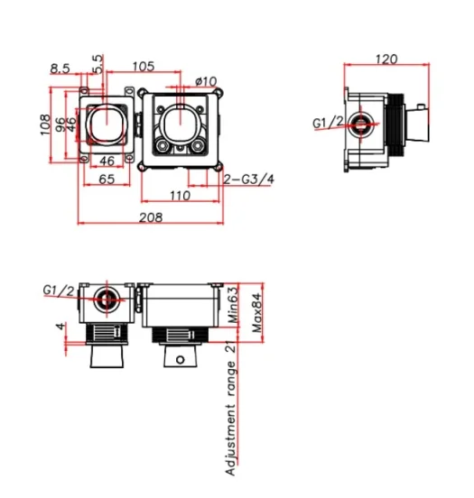 Ava Purity 2 Way 2 Handle Thermostatic Valve W/flanges 3.0 - Brushed Stainless Steel technical drawing - Image 3
