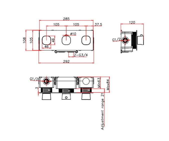 Ava Purity 3 Way 3 Handle Thermostatic Valve W/ Backplate 3.0 - Brushed Black technical drawing - Image 3