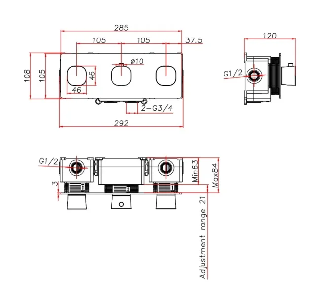 Ava Purity 4 Way 3 Handle Thermostat Valve W/backplate 3.0 - Brushed Brass technical drawing - Image 2