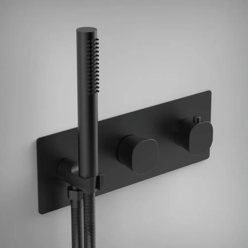 Ava Purity 2 Way 2 Handle Thermostatic Valve With Built In Hand Shower W/3 Hole Backplate 3.0 - Brushed Black product image - Image 1