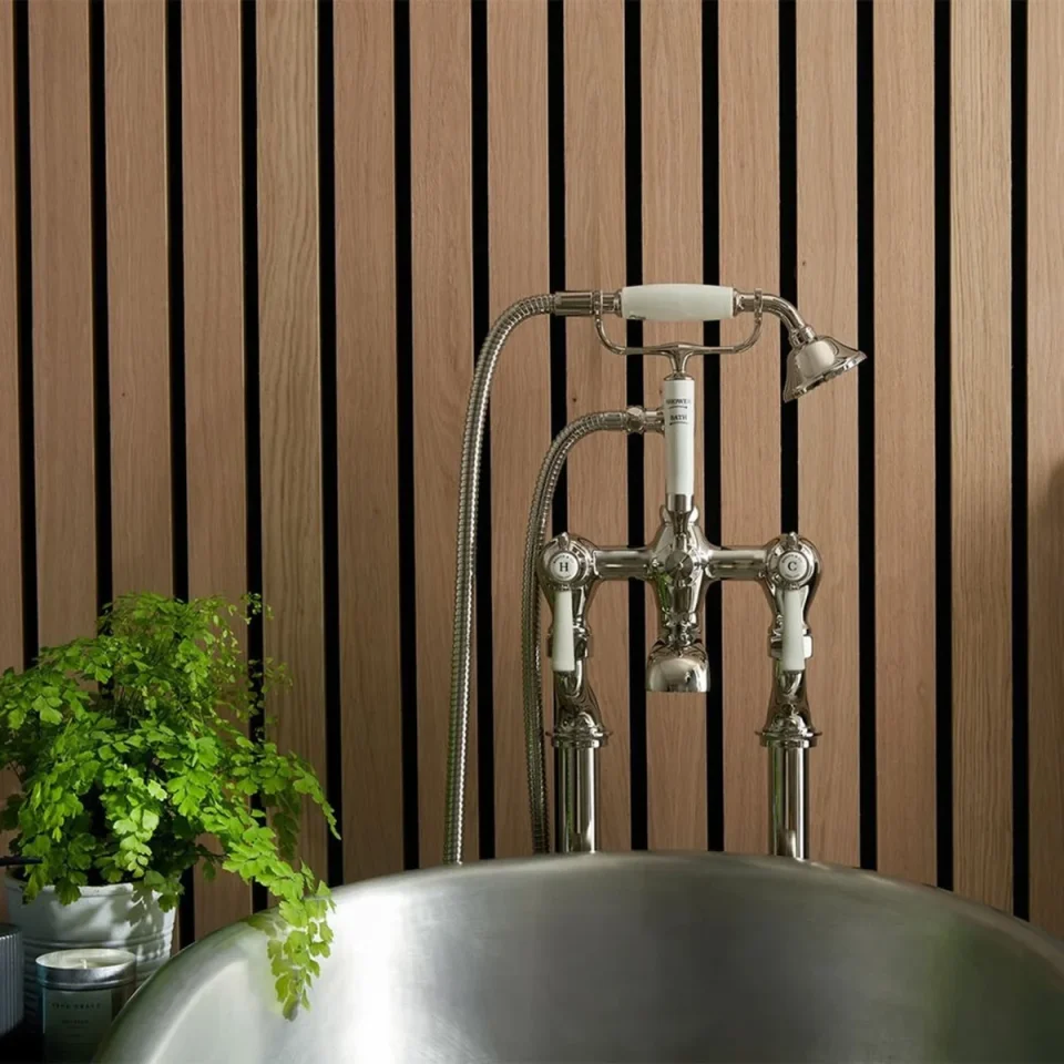 Booth & Co. Floor Standing Bath Shower Mixer Nickel & Crackled White product image - Image 1