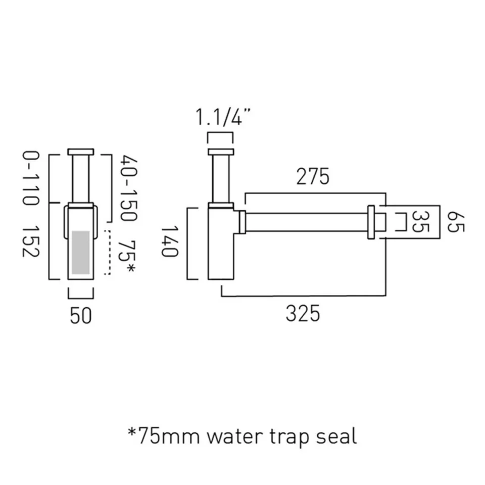 Vado Contemporary Square Bottle Trap Chrome detail view - Image 2