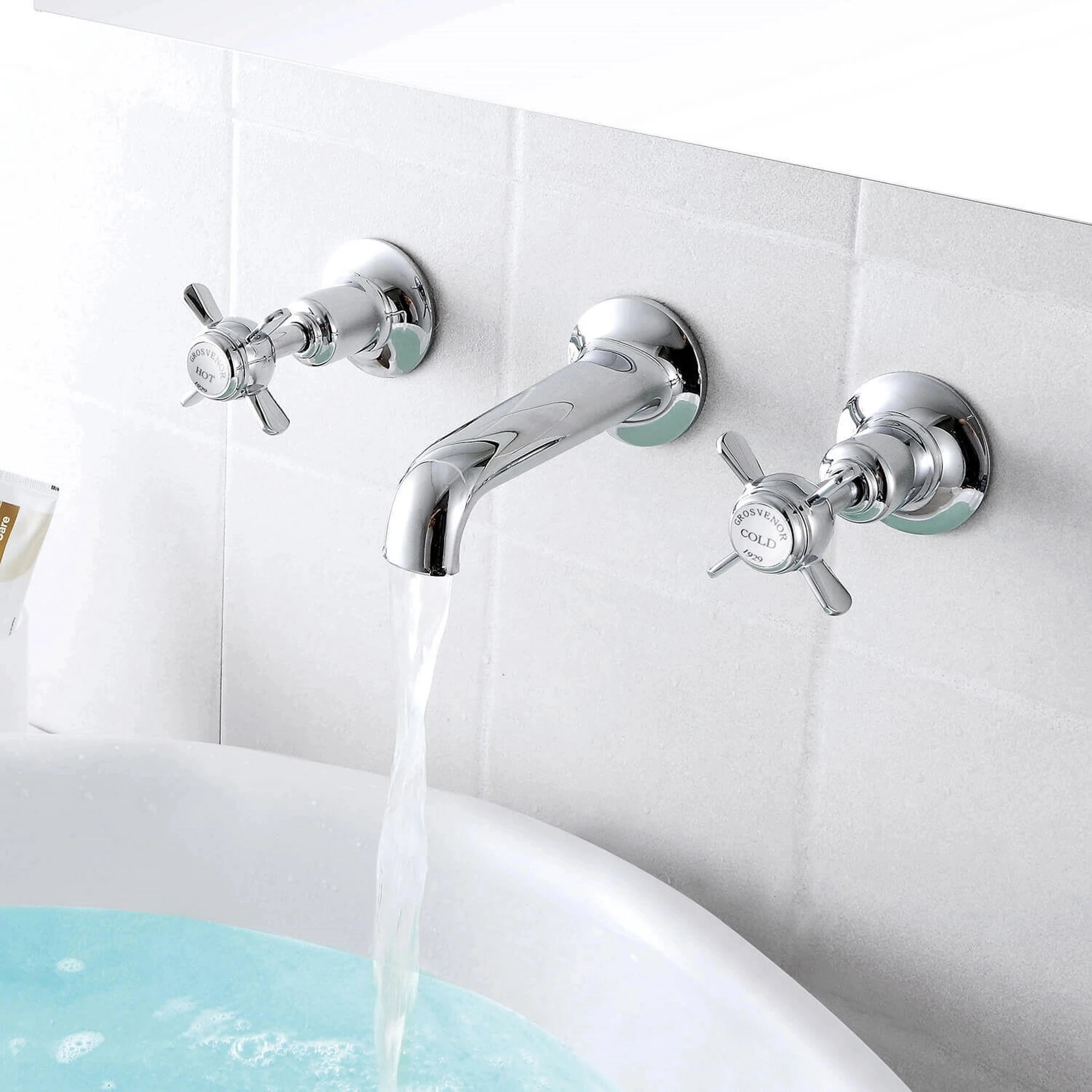 Just Taps Grosvenor Pinch 3 Hole Wall Mounted Basin Mixer With Spout