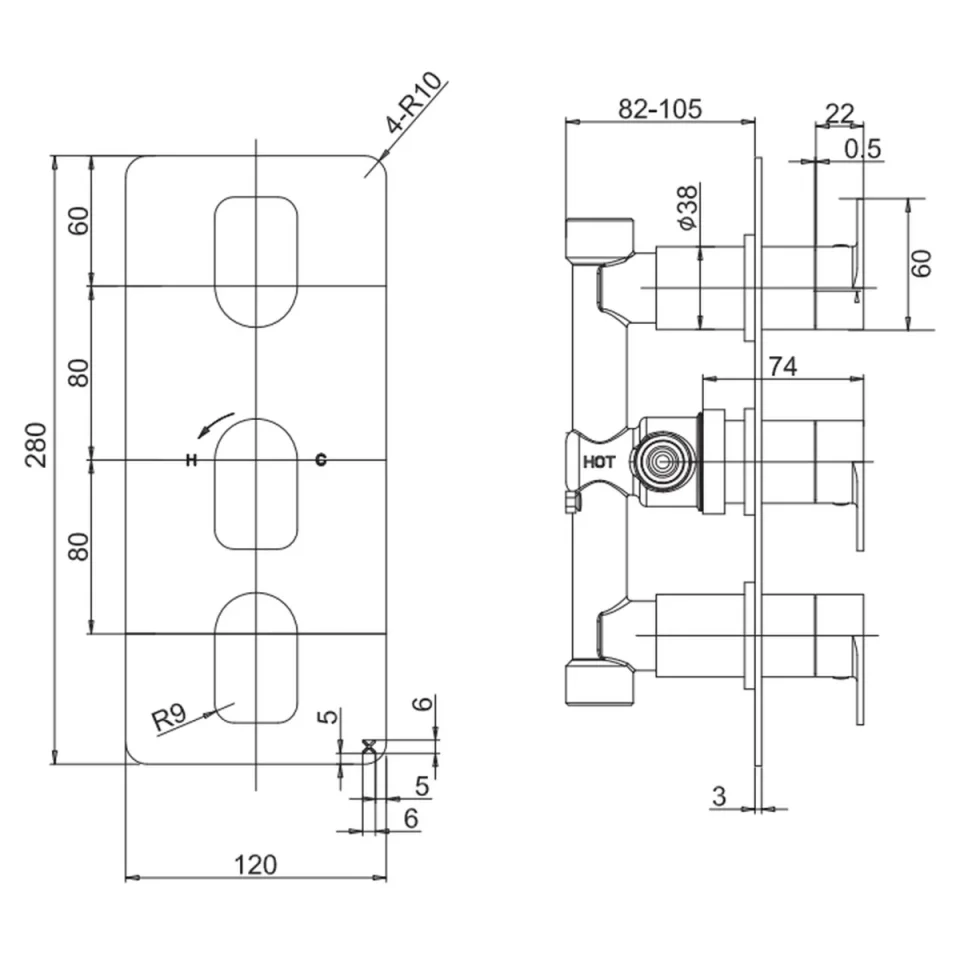 Crosswater Fuse 2 Outlet 3 Handle Portrait Valve & Trimset Matt Black detail view - Image 2