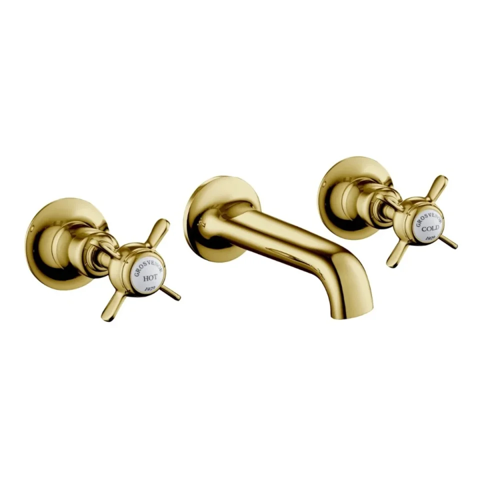 Just Taps Grosvenor Pinch 3 Hole Wall Mounted Basin Mixer With Spout Light Gold product image - Image 1