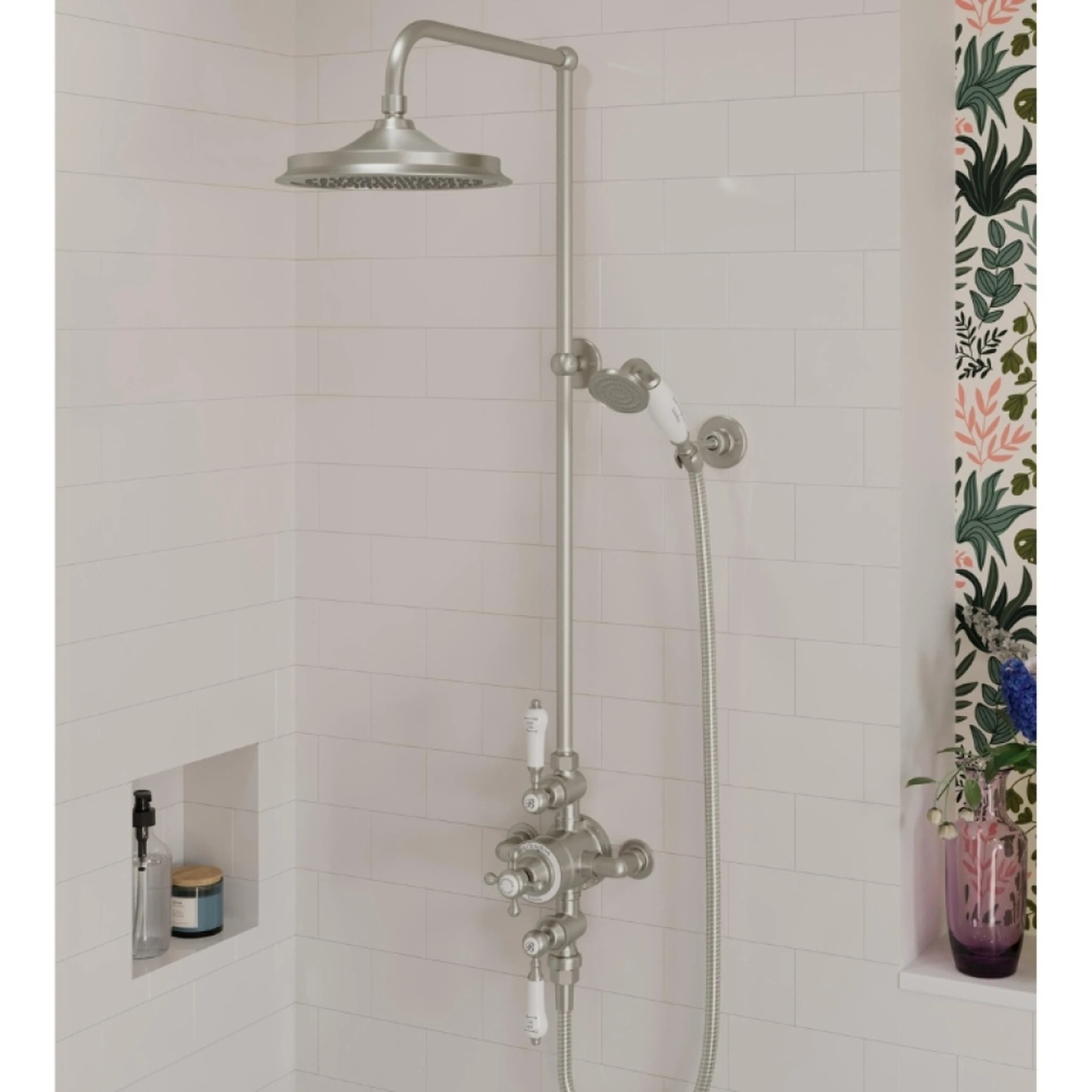 Burlington Avon Exposed Shower Valve2 Outlet With Wall Outlet, Hose, Handset, Fixed Arm & 9" Airburst Head Brushed Nickel