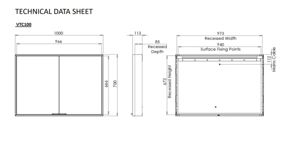 Roper Rhodes Vault Cab - 1000 X 700 - Black - No Sides technical drawing - Image 4