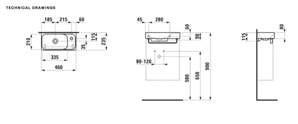 Laufen Meda Small Washbasin With Tap Bank Right - 460 X 235mm - 0 Tap Hole - No Overflow - White detail view - Image 2