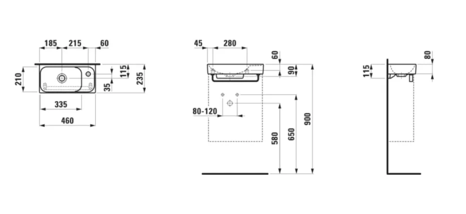 Laufen Meda Small Washbasin With Tap Bank Right - 460 X 235mm - 0 Tap Hole - No Overflow - White technical drawing - Image 4