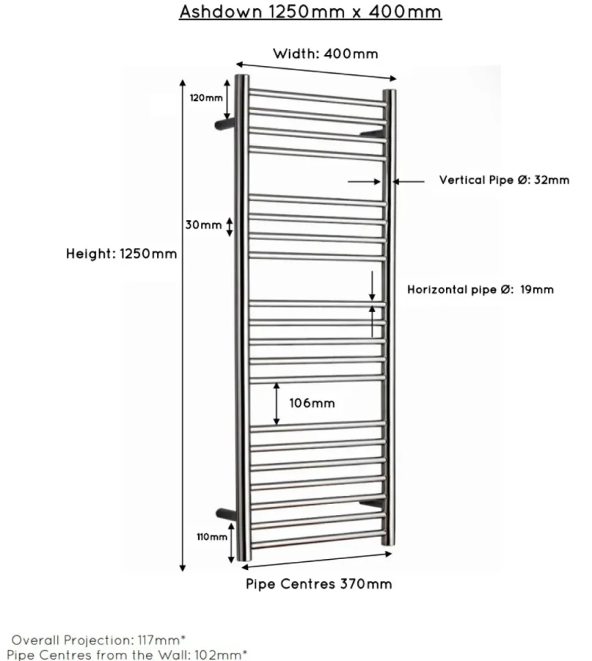 Jis Ashdown 400 1250 X 400mm Radiator For Cylindrical Electric Only Heating Polished Stainless Steel detail view - Image 3