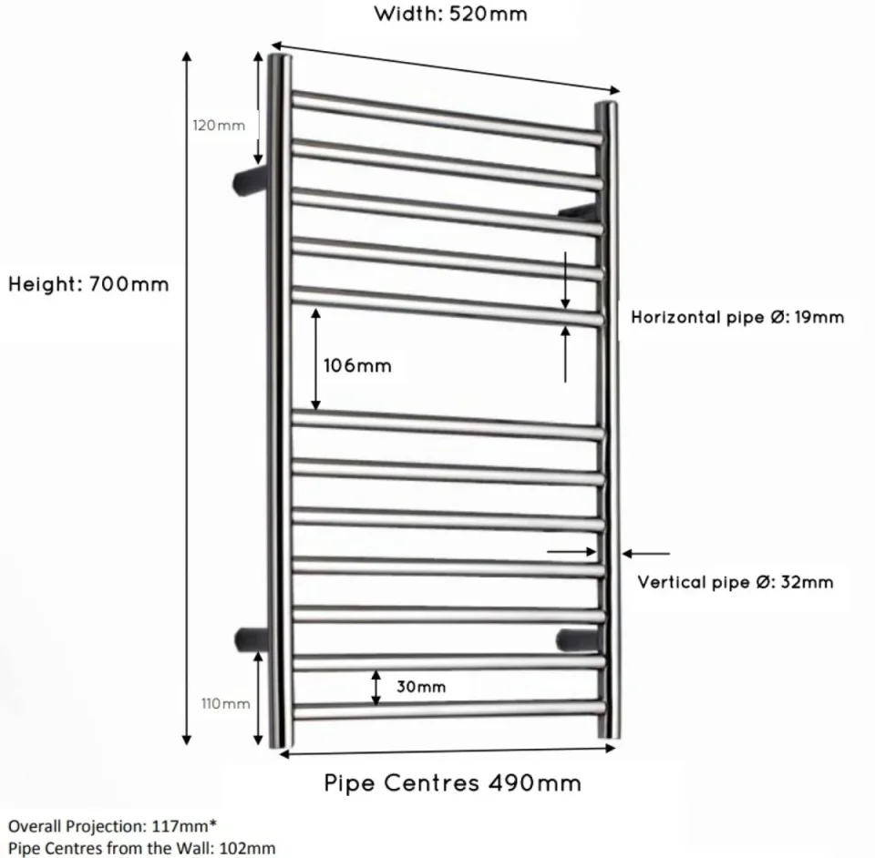 Jis Ouse 520 700 X 520mm Radiator For Cylindrical Electric Only Heating Satin Stainless Steel detail view - Image 3