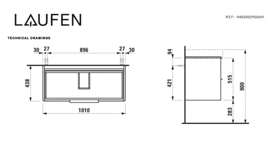 Laufen Base/pro S Vanity Unit 530x1010x440mm For 813966 2 Drawers - White Matt detail view - Image 2