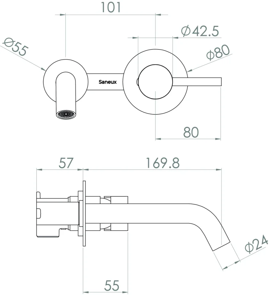 Saneux Cos Wall Mounted Basin Mixer With Knurled Handle - Chrome detail view - Image 2