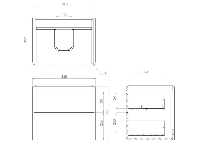 Saneux Hyde 60cm 2 Drawer Wall Mounted Unit - Matte Anthracite detail view - Image 2
