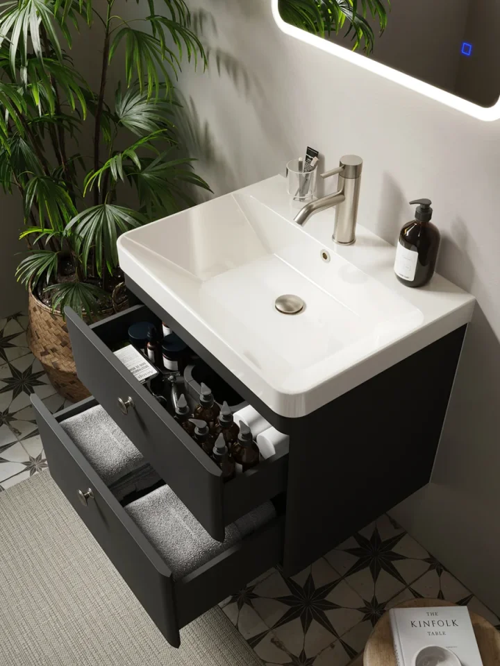 Saneux Hyde 60cm 2 Drawer Wall Mounted Unit - Matte Anthracite detail view - Image 3