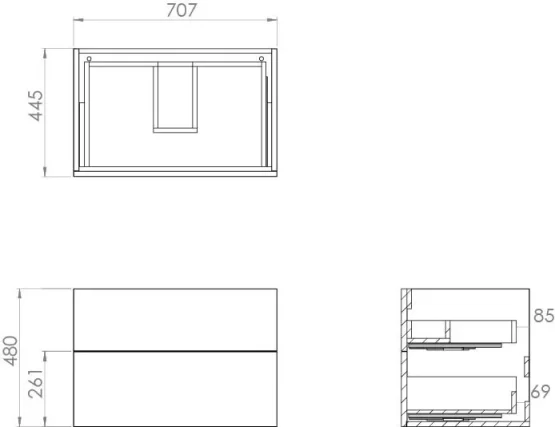Saneux Austen 72cm 2 Drawer Wall Mounted Unit - Gloss White detail view - Image 2