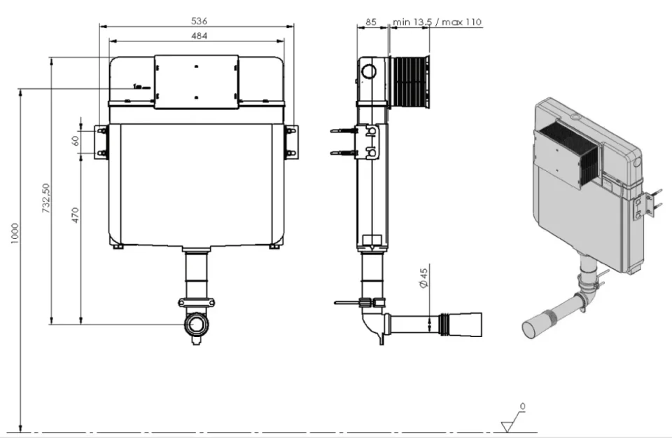Saneux Flushe 2.0 732/85mm Ultra Slim Concealed Cistern With Front Flush product image - Image 3