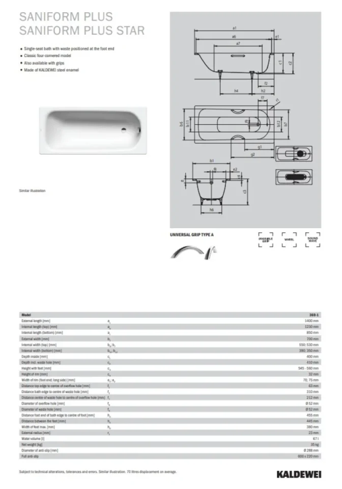 Kaldewei Saniform Plus 366 Nth 1400x750 Bath (excl. Feet) detail view - Image 2