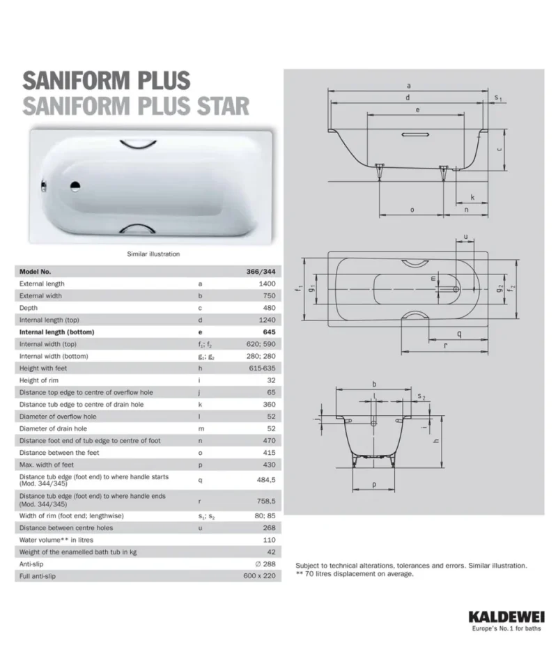 Kaldewei Saniform Plus 366 Nth 1400x750 Bath (excl. Feet) technical drawing - Image 6