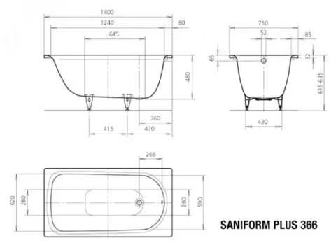 Kaldewei Saniform Plus 366 Nth 1400x750 Bath (excl. Feet) technical drawing - Image 8