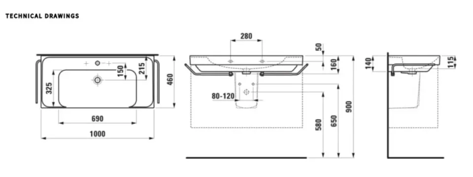 Laufen Meda Washbasin 800 X 460mm - 1 Tap Hole - Matt Graphite detail view - Image 2