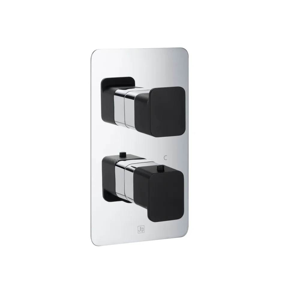 Just Taps Axel Thermo Concealed 2 Outlet Shower Valve Matt Black Handle Chrome detail view - Image 2
