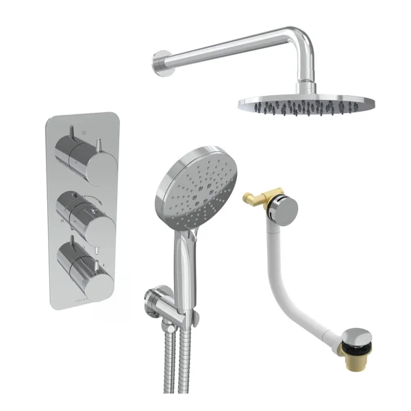 Saneux Eden 3 Way Shower Kit - W/ 3 Function Handset & Bath Filler & Shower Head - Brushed Nickel