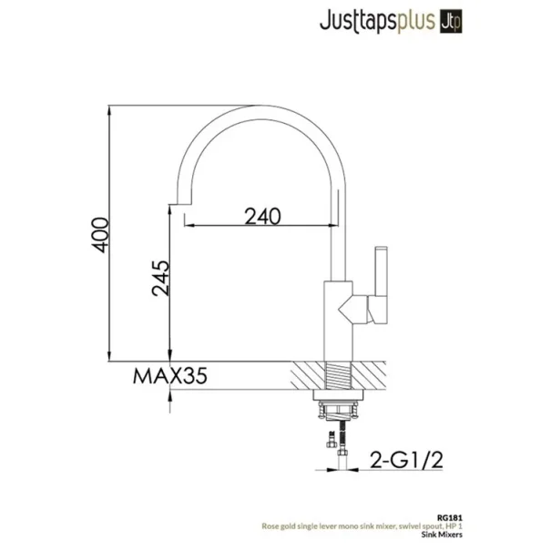Just Taps Rose Gold Single Lever Sink Mixer detail view - Image 3