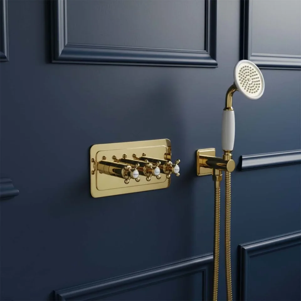 Just Taps Grosvenor Cross Thermostatic 3 Outlet Valve Horizontal Light Gold detail view - Image 2