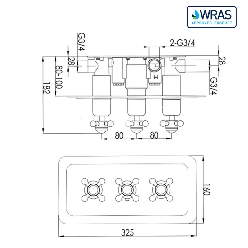 Just Taps Grosvenor Cross Thermostatic 3 Outlet Valve Horizontal Light Gold detail view - Image 3