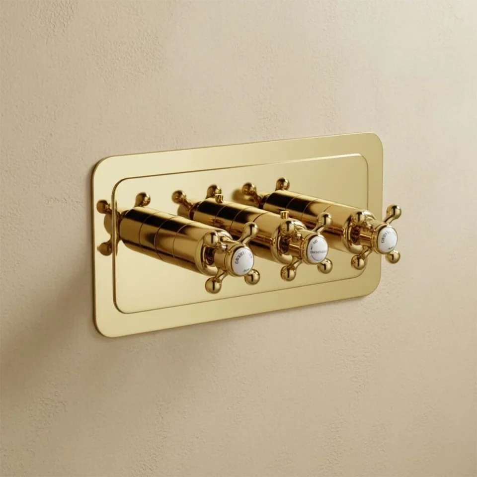 Just Taps Grosvenor Cross Thermostatic 3 Outlet Valve Horizontal Light Gold detail view - Image 4